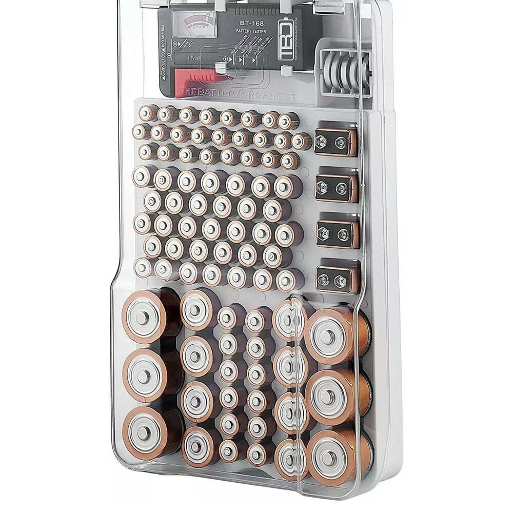 The Battery Organizer Storage Case with Hinged Clear Cover, Black Bottom